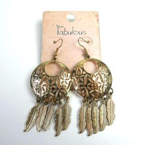 Fabulous Dangle Hoop Feather Flower Cutout Gold Tone Earrings Boho New on Card